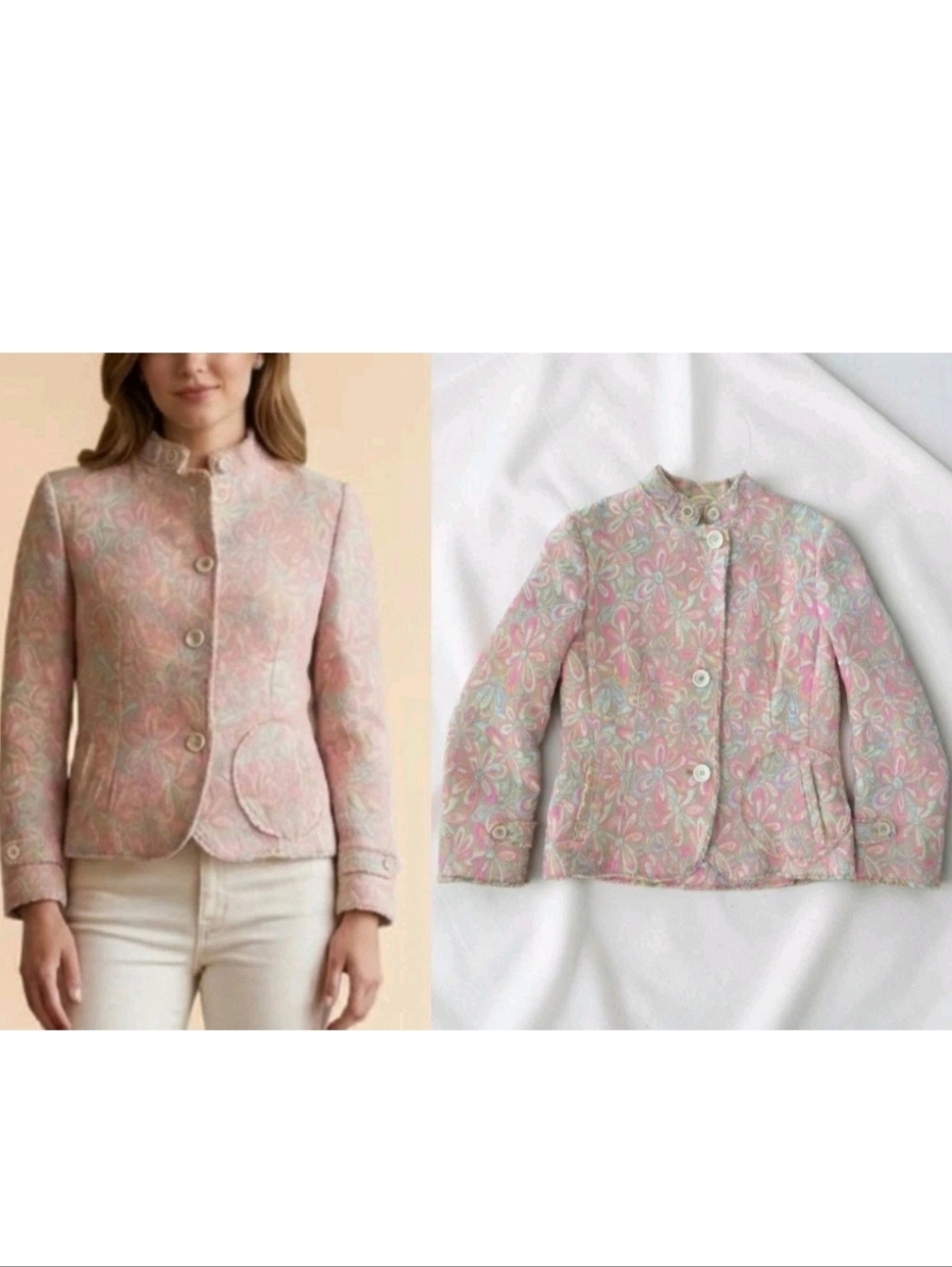 Akris Punto Pastel Daisy Floral Jacquard Jacket Blazer Size 6 Multicolor Fringe